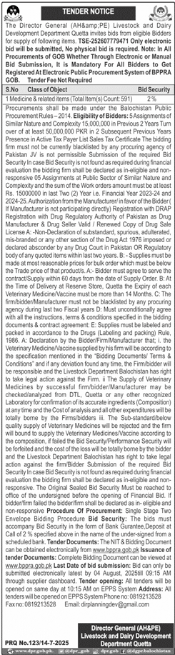 Livestock & Dairy Development Department Quetta Tender Notice